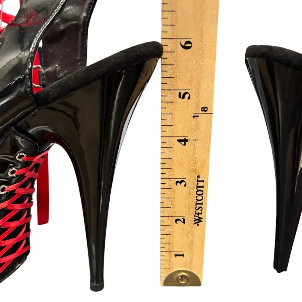Pleaser Delight 600-14FH Black Red Corset Stiletto Heels Platform Size 8 Lace-Up